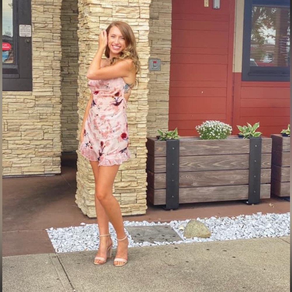 Beginning Boutique pink velour print open back mini dress